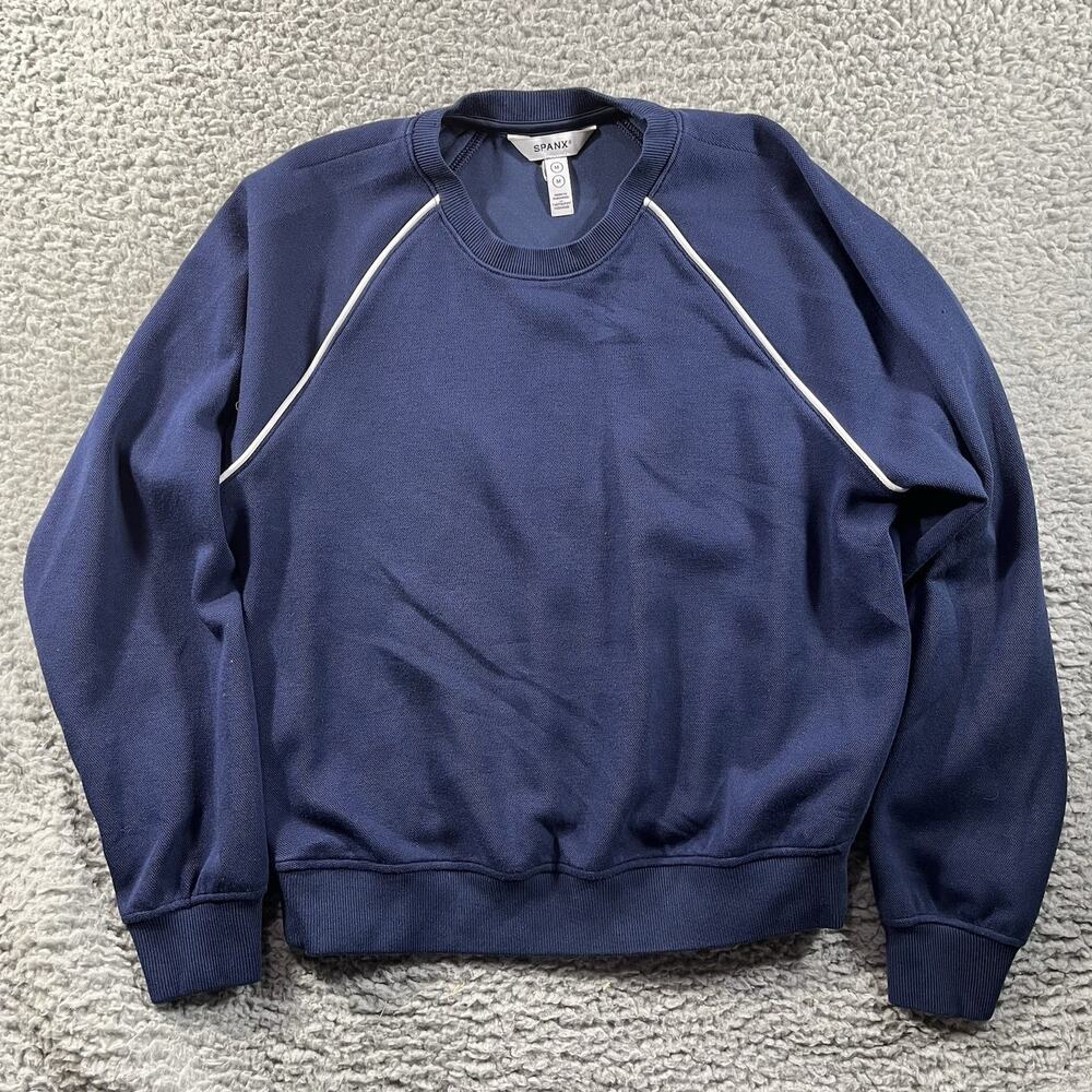 Spanx AirPique Crewneck Top Women's Medium Navy Blue Raglan Piping Pullover